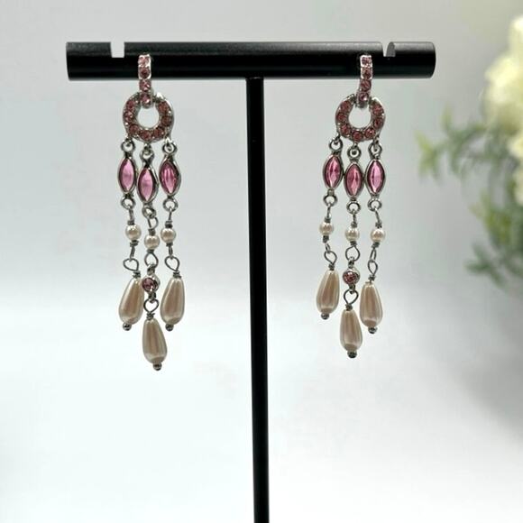 Monet Pink Pave Rhinestone Faux Teardrop Pearls Dangle Chandelier Earrings - Picture 2 of 8
